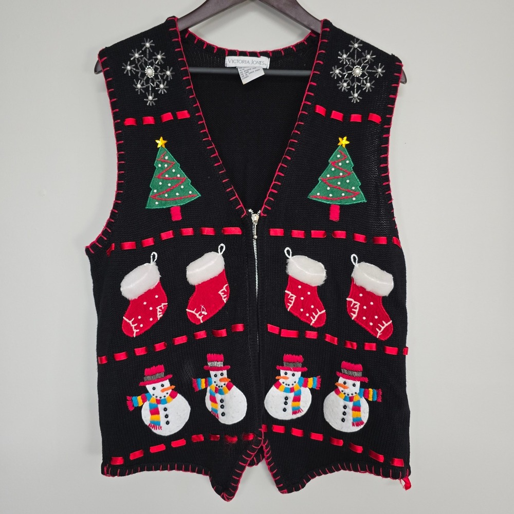 Victoria Jones Christmas Sweater Vest Womens Medium Black Zip Up Snowman Kitsch